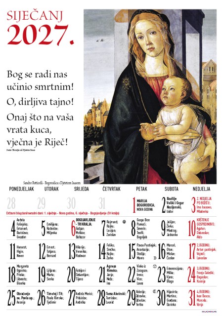 Marija katolički kalendar za 2027. godinu